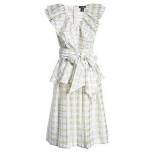 Halogen Atlantic-Pacific plaid organza bow front ruffle dress size M